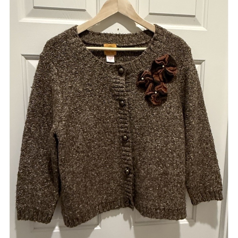 Ruby Rd. Brown Marled Knit Cardigan Sweater XL Floral‎ Appliqué Button Front